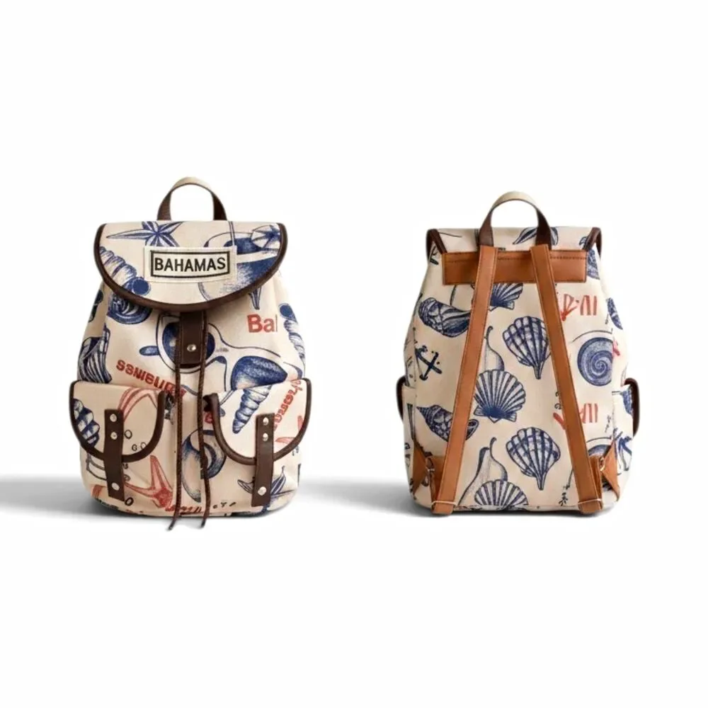 Girls Canvas Drawstring Backpack Bahamas Graphic Print Beige/Blue, Studs